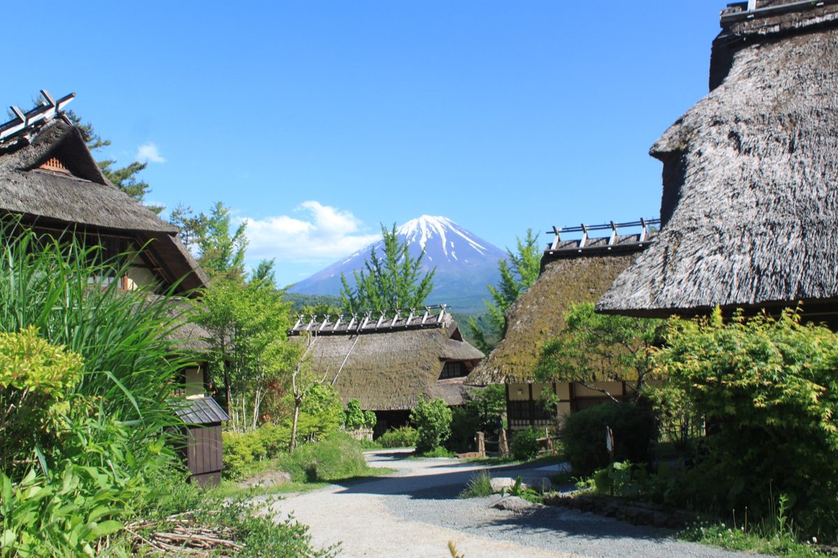 Thatched-roof village with Mount Fuji in the distance